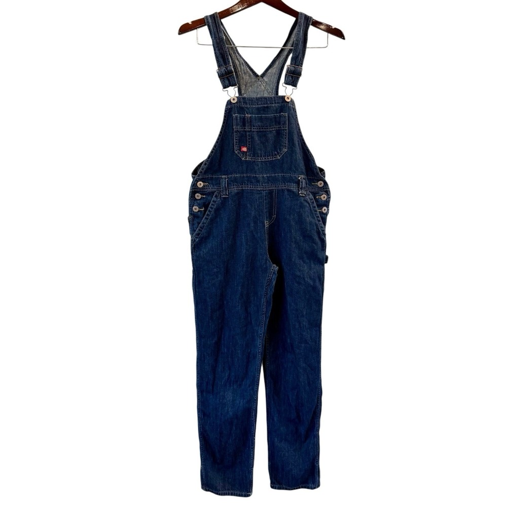 Dickies Women's XS Bib Overalls Relaxed Fit Straight Leg Dark Wash Jean Workwear